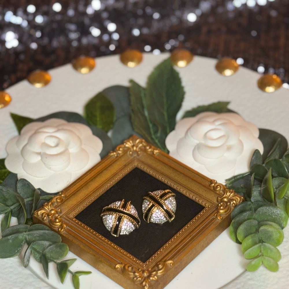 Elegant Gold-tone Clip on Earrings With Black Enamel X And Crystals - Picture 9 of 16